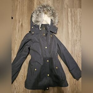 Gray Hollister Parka with Faux Fur Hood and Gold Buttons